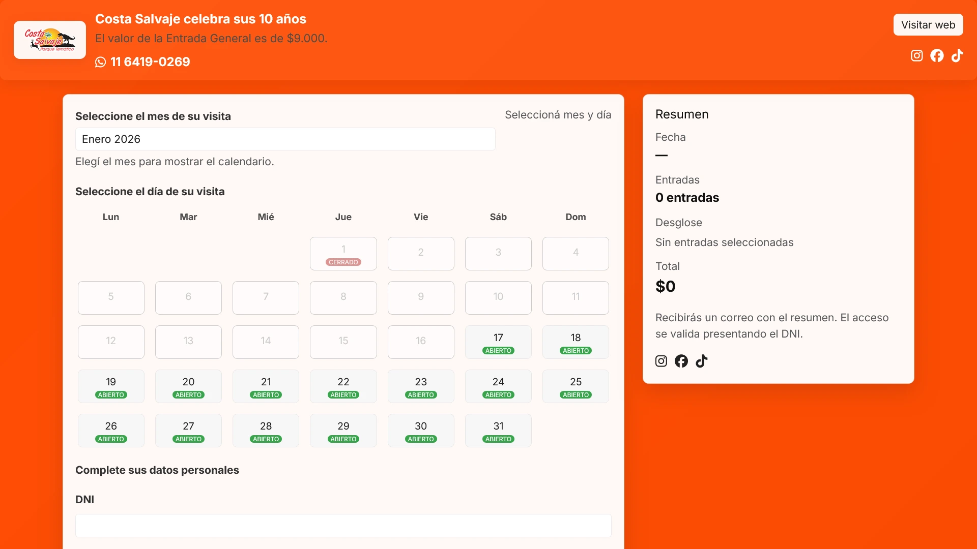 Costa Salvaje - Parque temático que utiliza Dino Pass para venta de entradas y validación por DNI